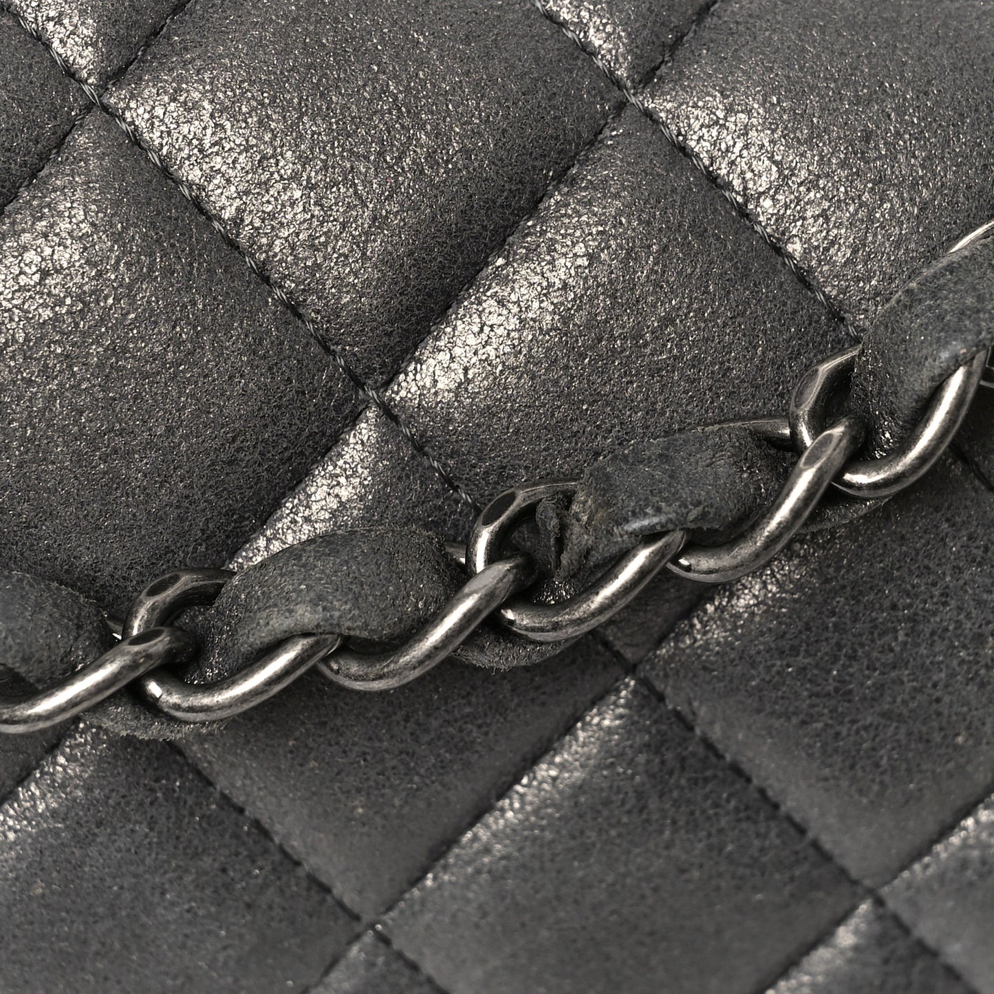 Iridescent Calfskin Quilted Mini Rectangular Flap Dark Grey