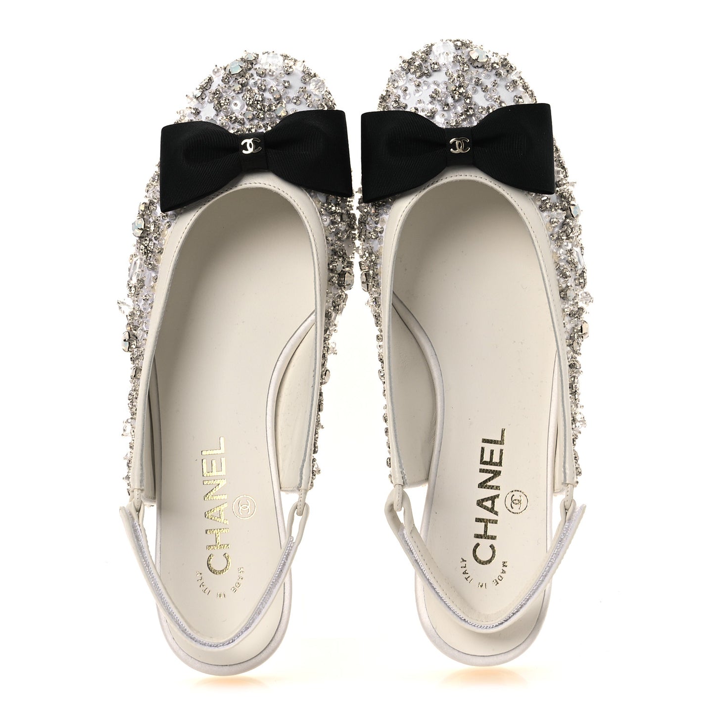Satin Crystal Lambskin Grossgrain Bow CC Slingback Flats 39 White Black