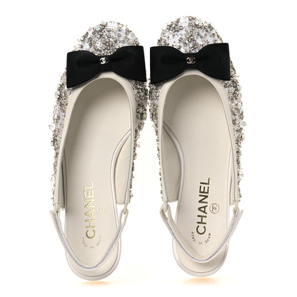 Chanel Satin Crystal Lambskin Grossgrain Bow CC Slingback Flats 39 White Black 2 of 11