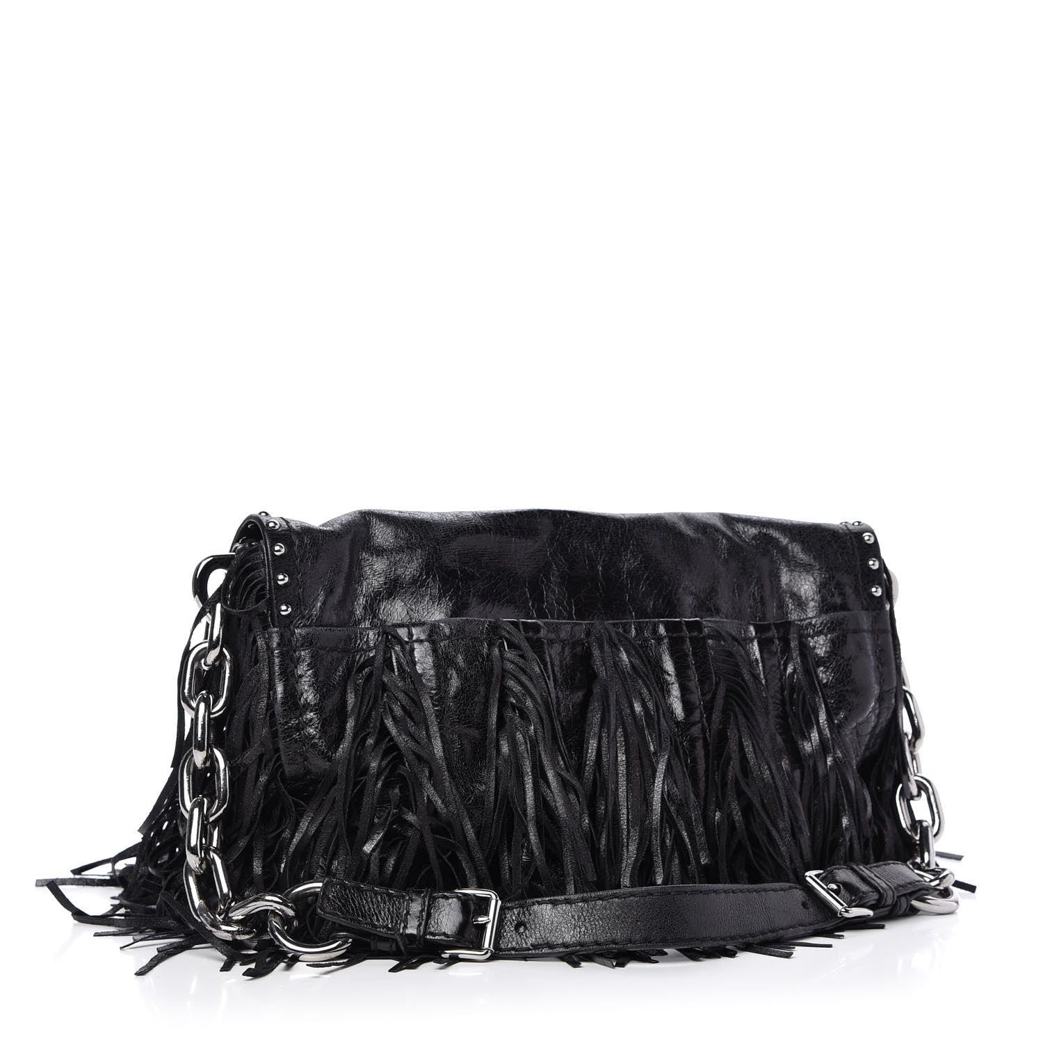 Prada Vitello Shine Fringe Studded Flap Hobo Black 3 of 10