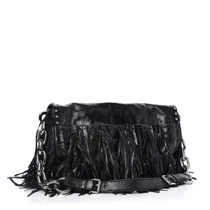 Prada Vitello Shine Fringe Studded Flap Hobo Black 3 of 10