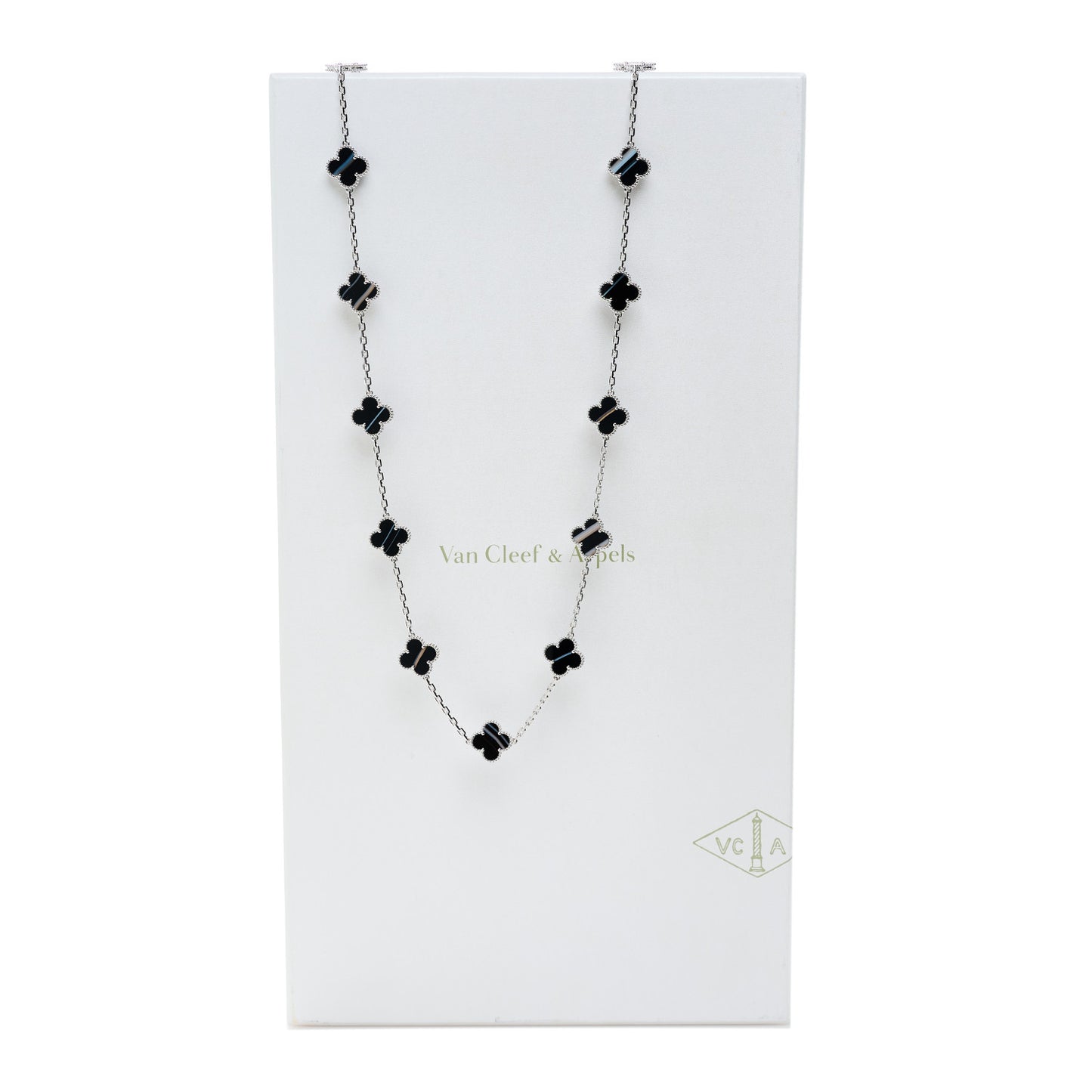 18K White Gold Veined Black Onyx 20 Motifs Vintage Alhambra Necklace