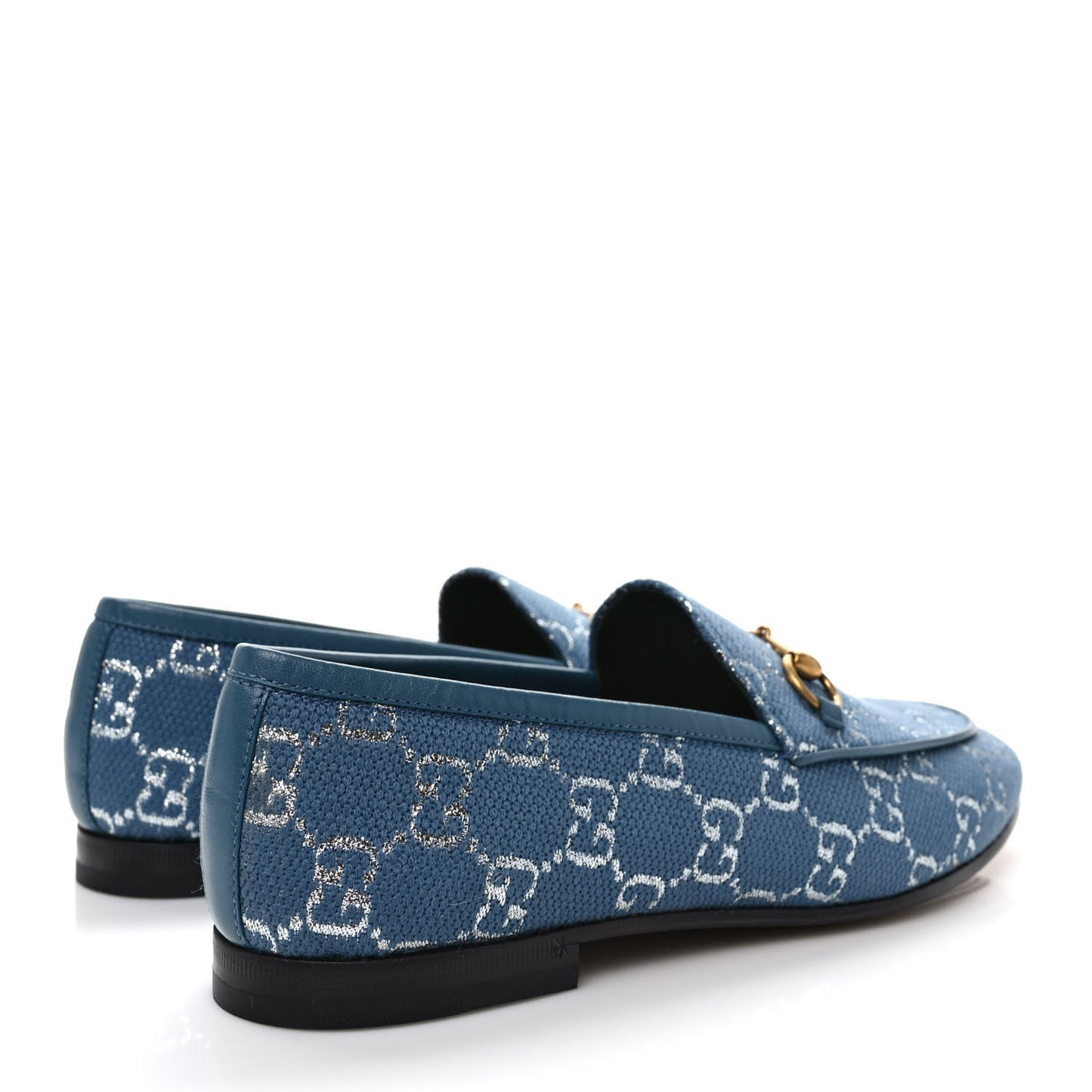 Canvas Lame GG Monogram Horsebit Womens Jordaan Loafers 38 Blue Silver Cornflower Blue