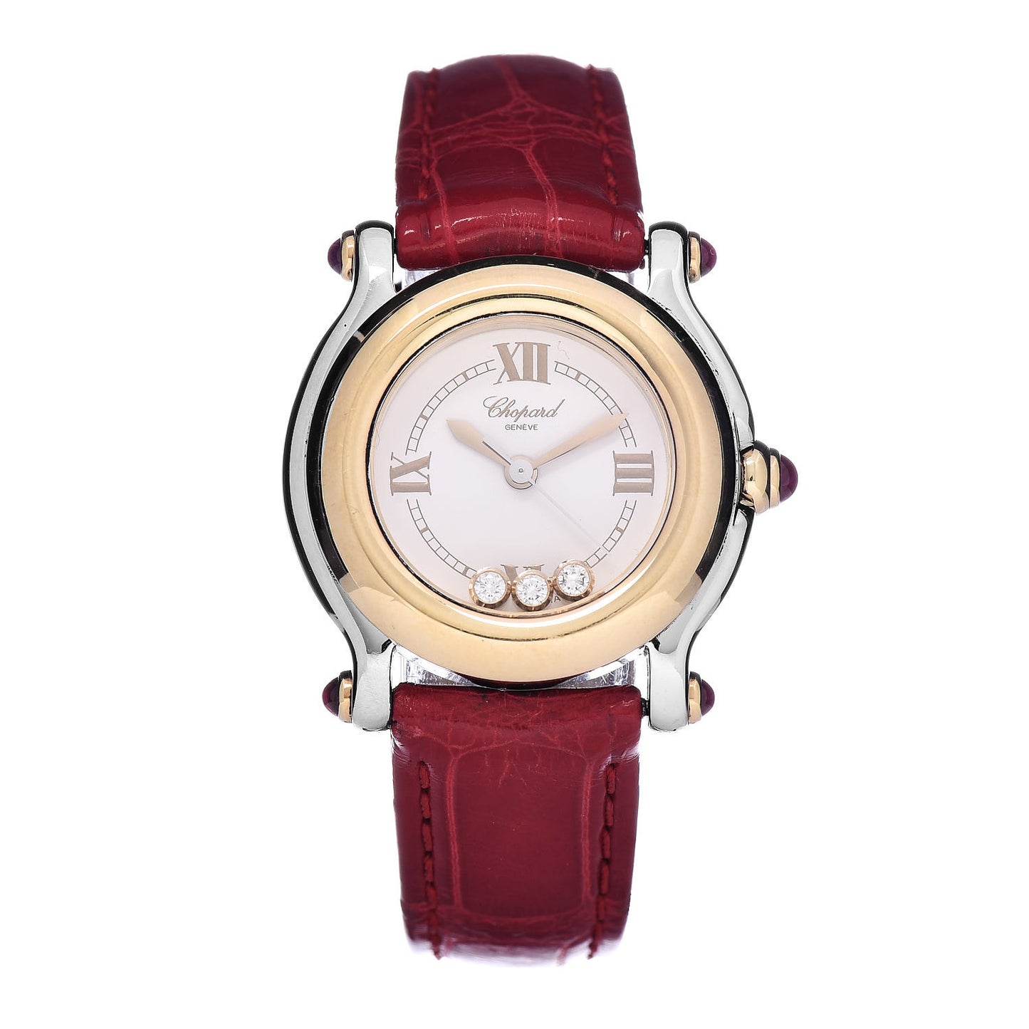 Stainless Steel 18K Yellow Gold Alligator 3 Diamond Ruby 26mm Happy Sport Quartz Watch