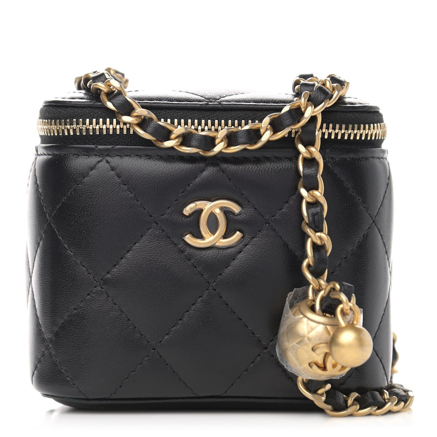 Lambskin Quilted Mini Pearl Crush Vanity Case With Chain Black