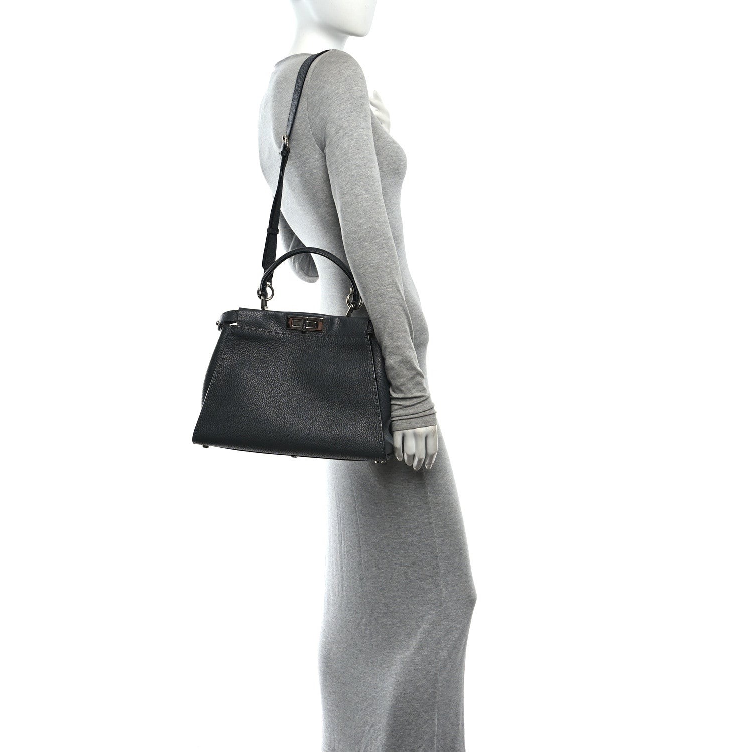 Fendi Cuoio Romano Selleria Bi-Color Medium Peekaboo Iconic Satchel Asfalto Latte 2 of 9