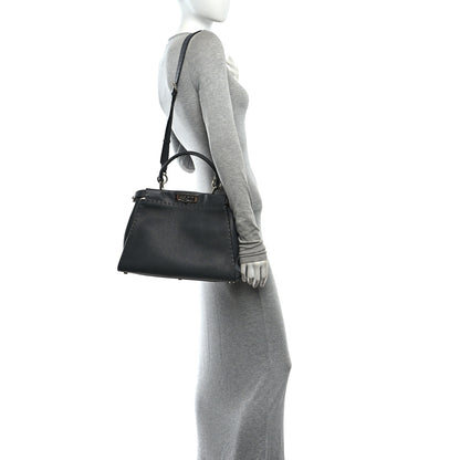 Fendi Cuoio Romano Selleria Bi-Color Medium Peekaboo Iconic Satchel Asfalto Latte 2 of 9