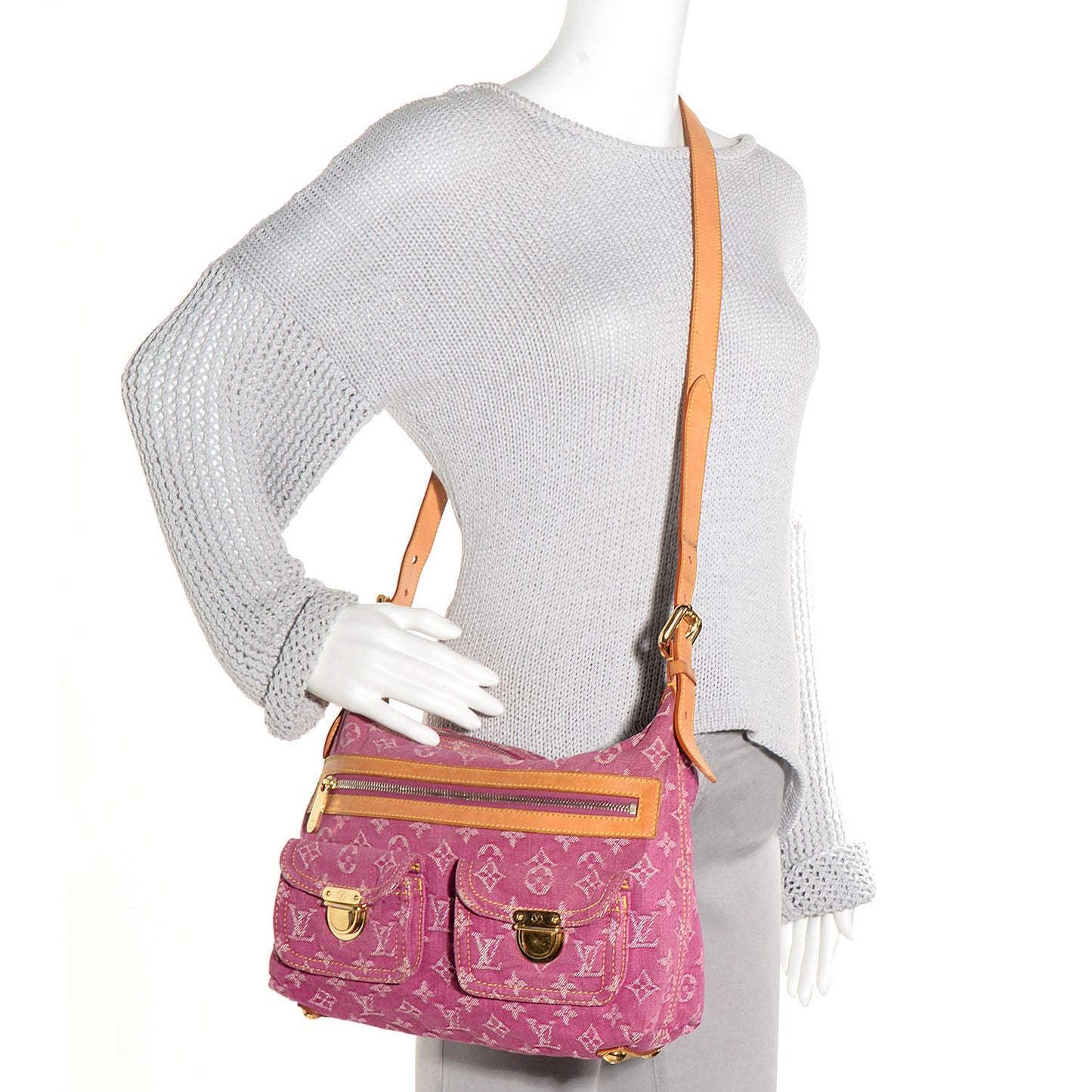 Denim Baggy PM with Long Strap Fuchsia