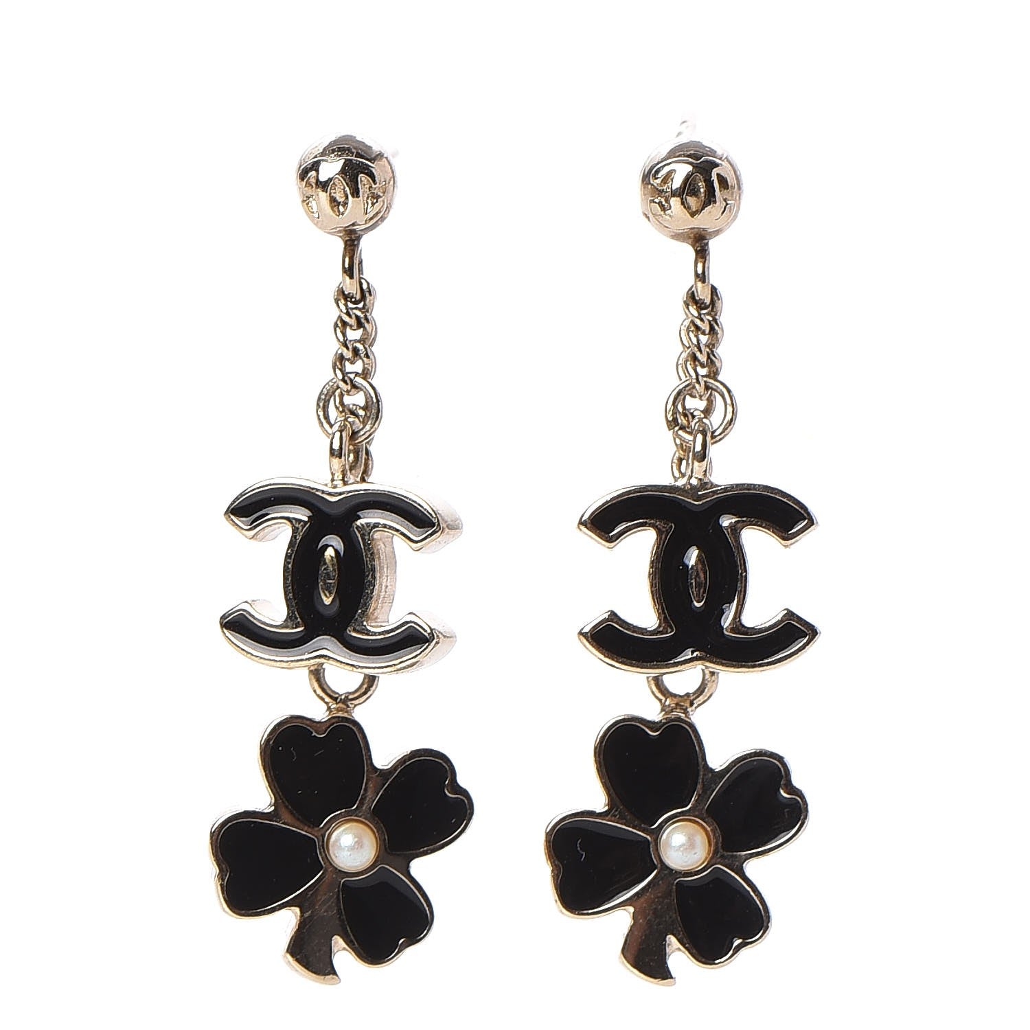 Chanel Enamel CC Clover Drop Earrings Black Gold 1 of 10