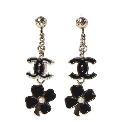Chanel Enamel CC Clover Drop Earrings Black Gold 1 of 10