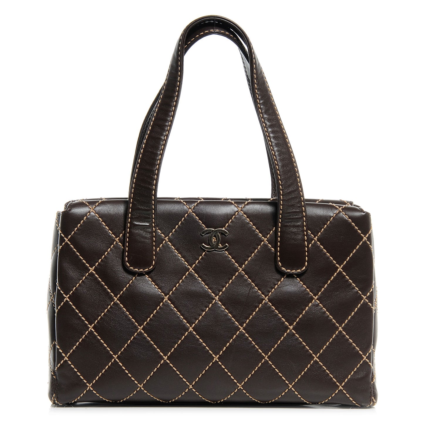 Leather Quilted Surpique Stitched Tote Brown