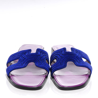 Hermes Herringbone Dabka Oran Sandals 38.5 Bleu 2 of 8