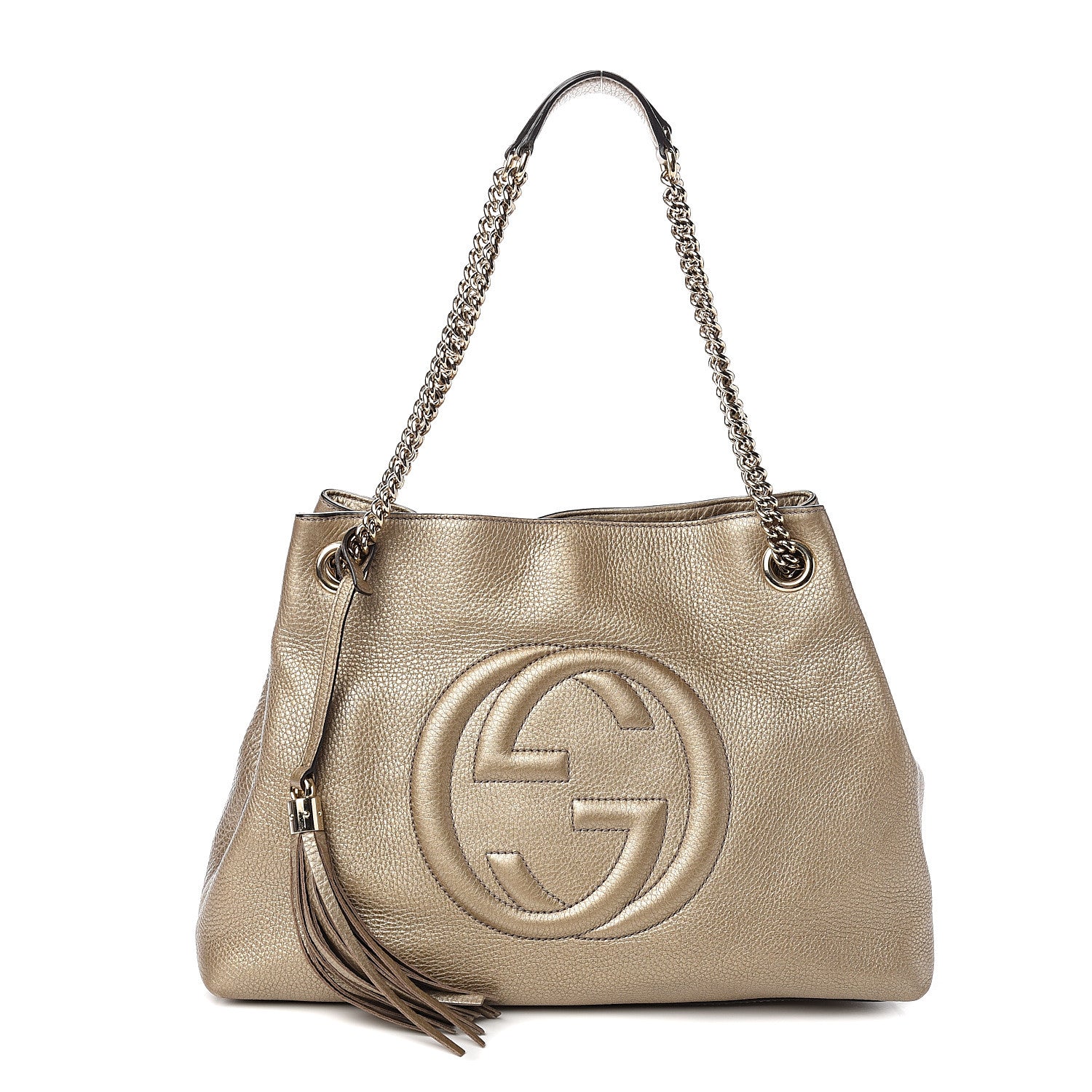 Gucci Metallic Pebbled Calfskin Medium Soho Chain Shoulder Bag Golden Beige 1 of 9