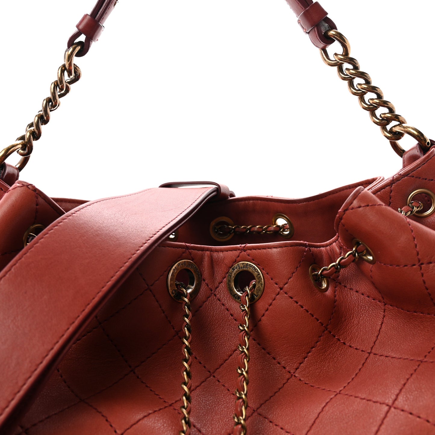 Calfskin Stitched Large Drawstring CC Bag Burgundy