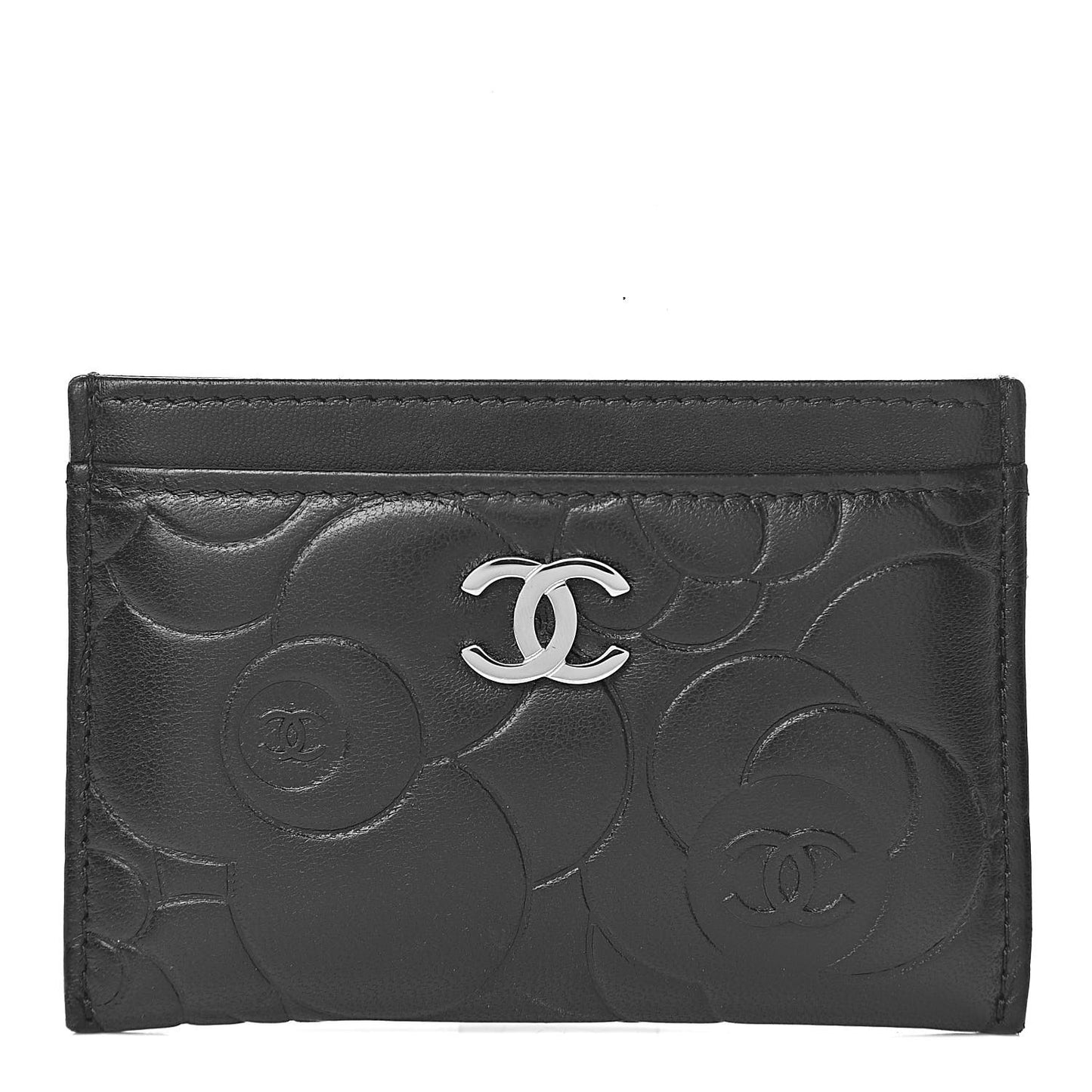 Lambskin Camellia Embossed Card Holder Black