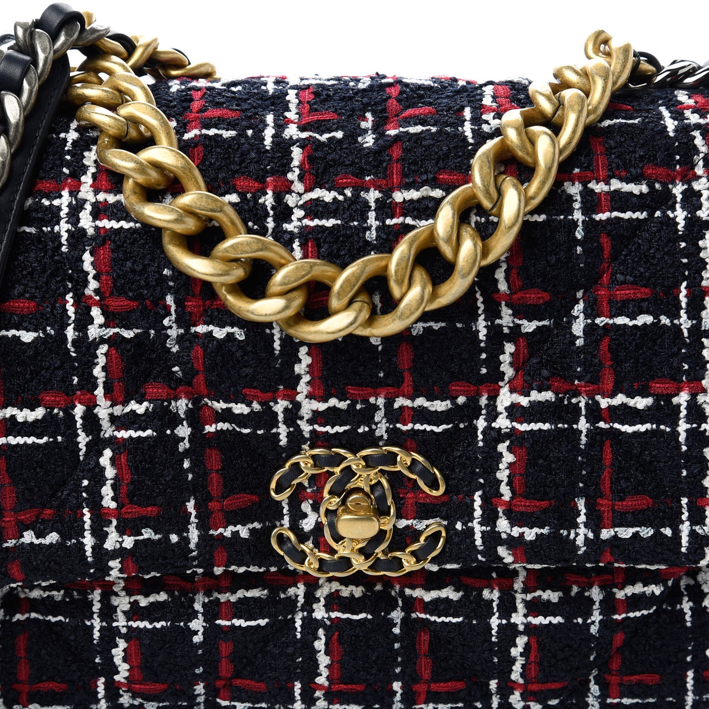Tweed Quilted Large Chanel 19 Flap Navy Blue White Red