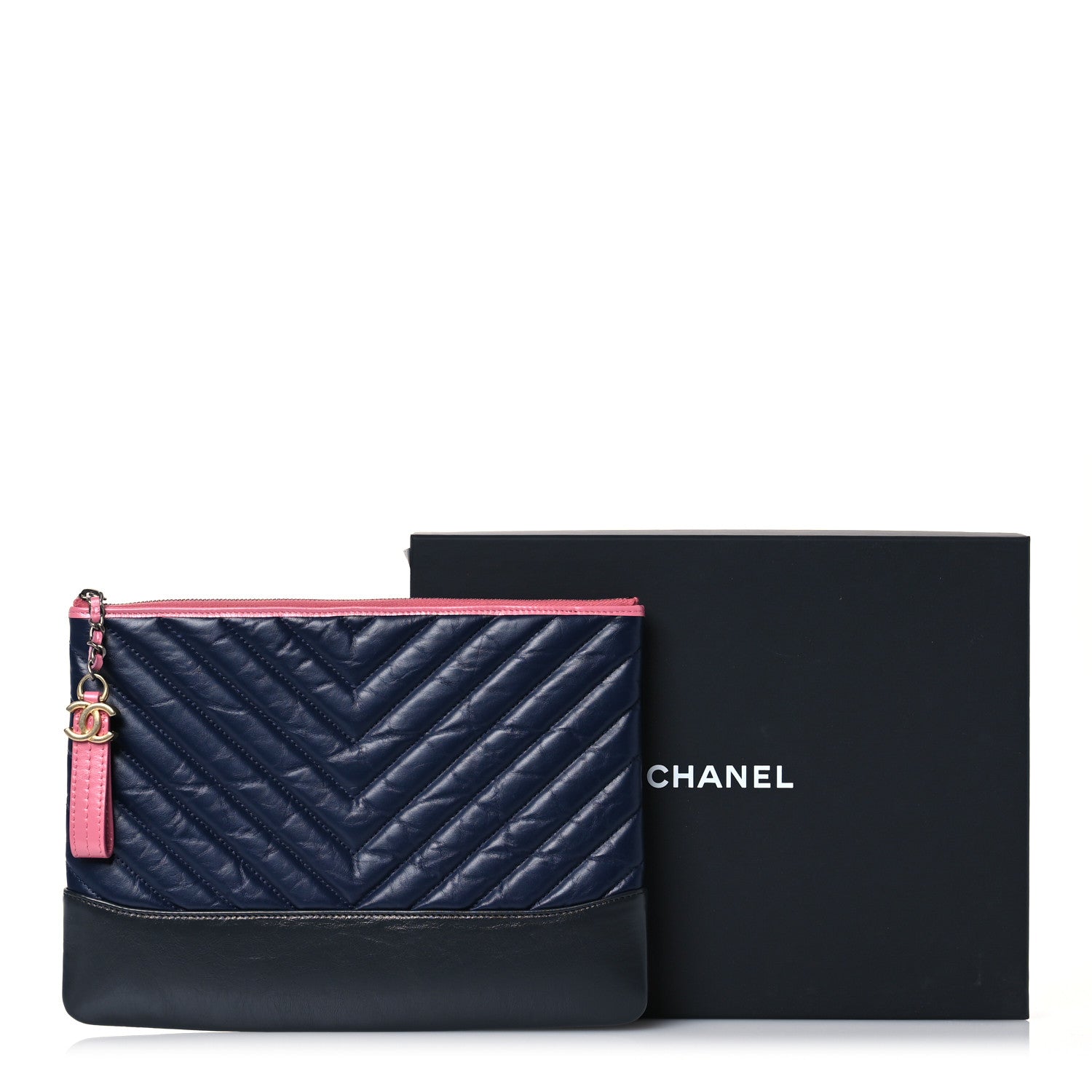Chanel Aged Calfskin Chevron Quilted Medium Gabrielle Cosmetic Case Pink Navy Black 10 of 10