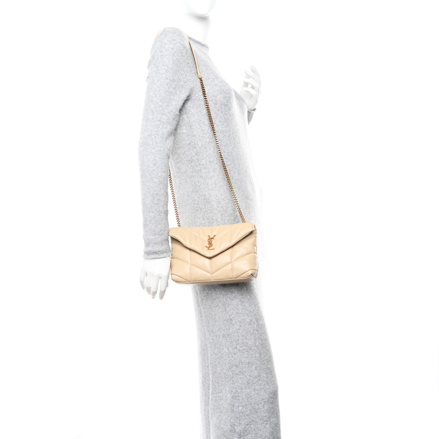 Saint Laurent Lambskin Quilted Toy Loulou Puffer Monogram Chain Satchel Dark Beige 2 of 13
