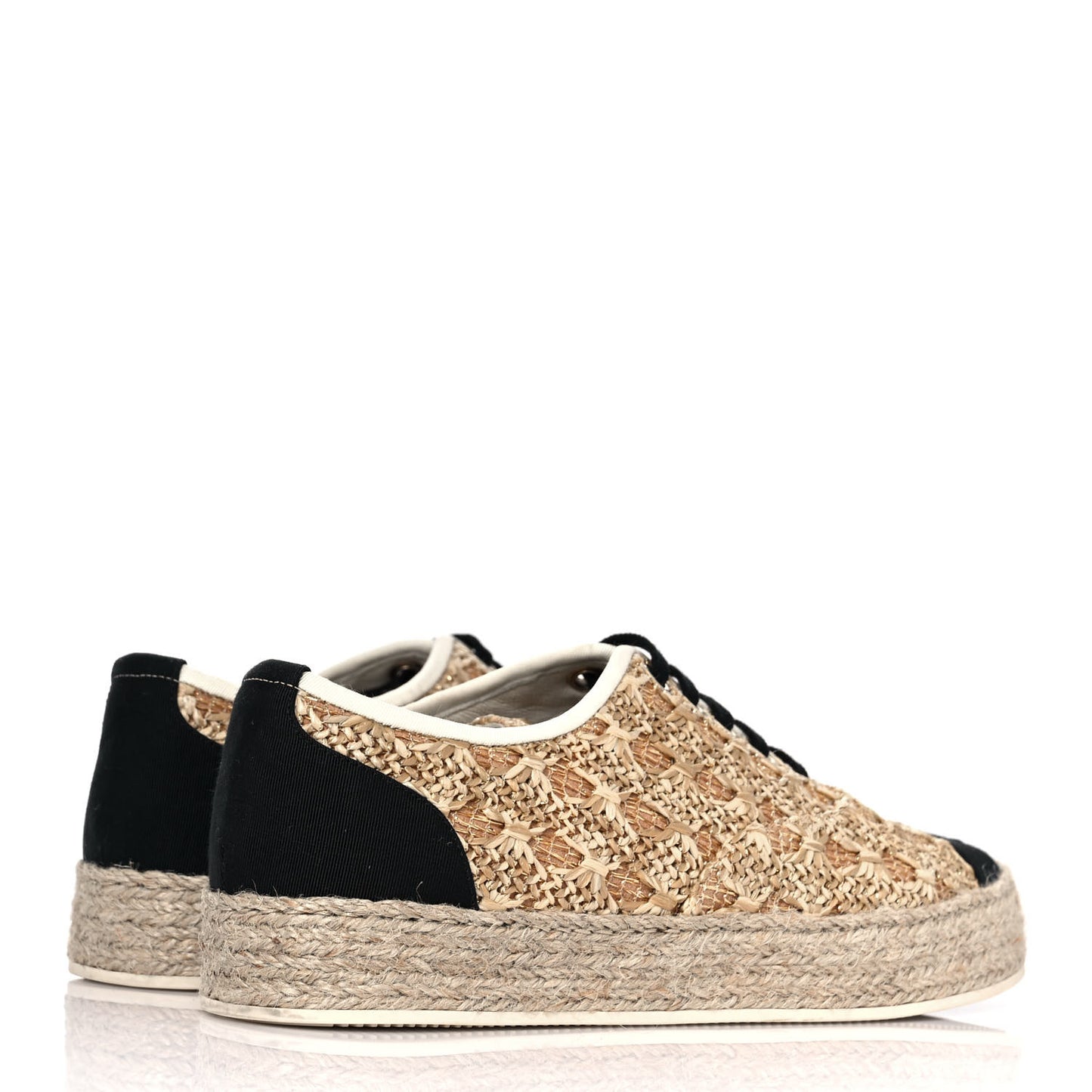 Raffia Grosgrain Lace Up Espadrilles 36 Beige Black