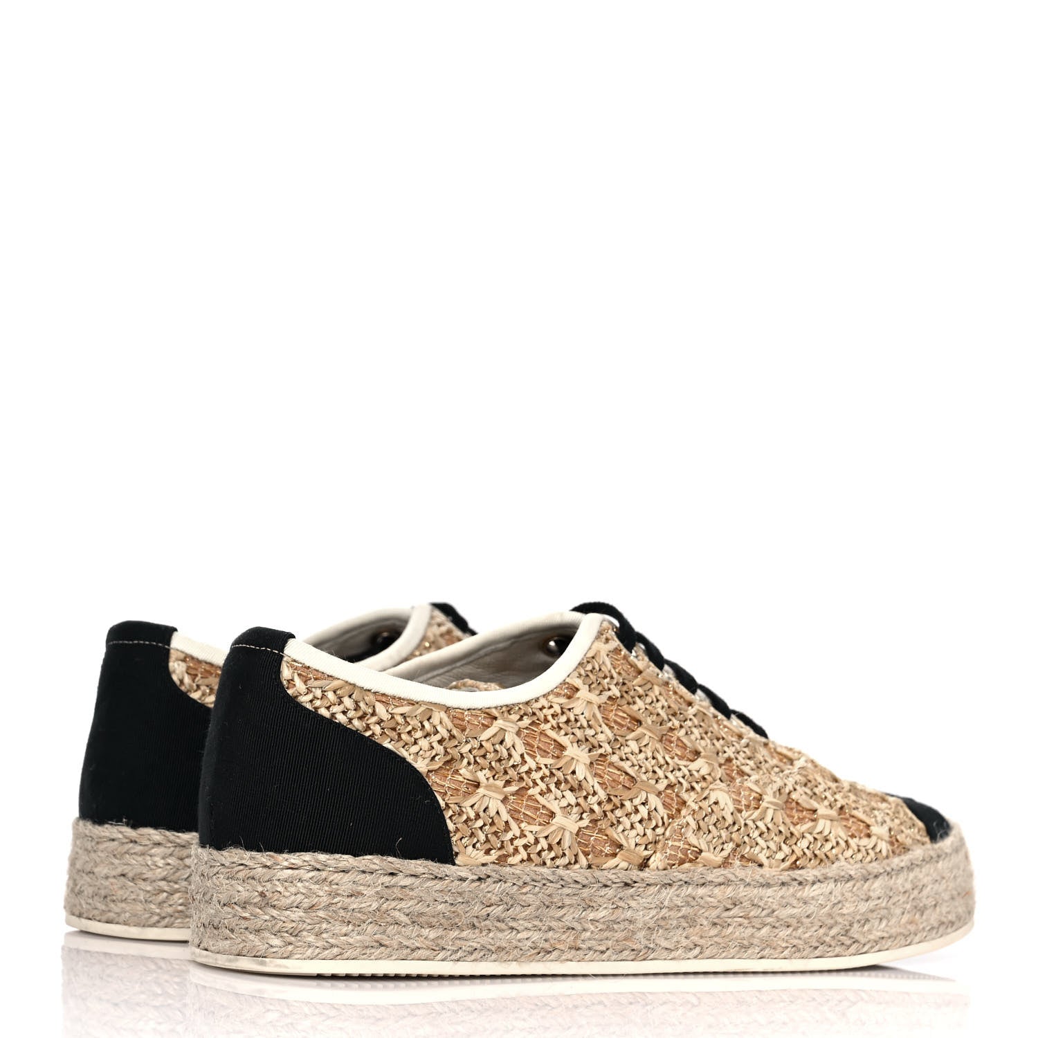 Chanel Raffia Grosgrain Lace Up Espadrilles 36 Beige Black 4 of 9