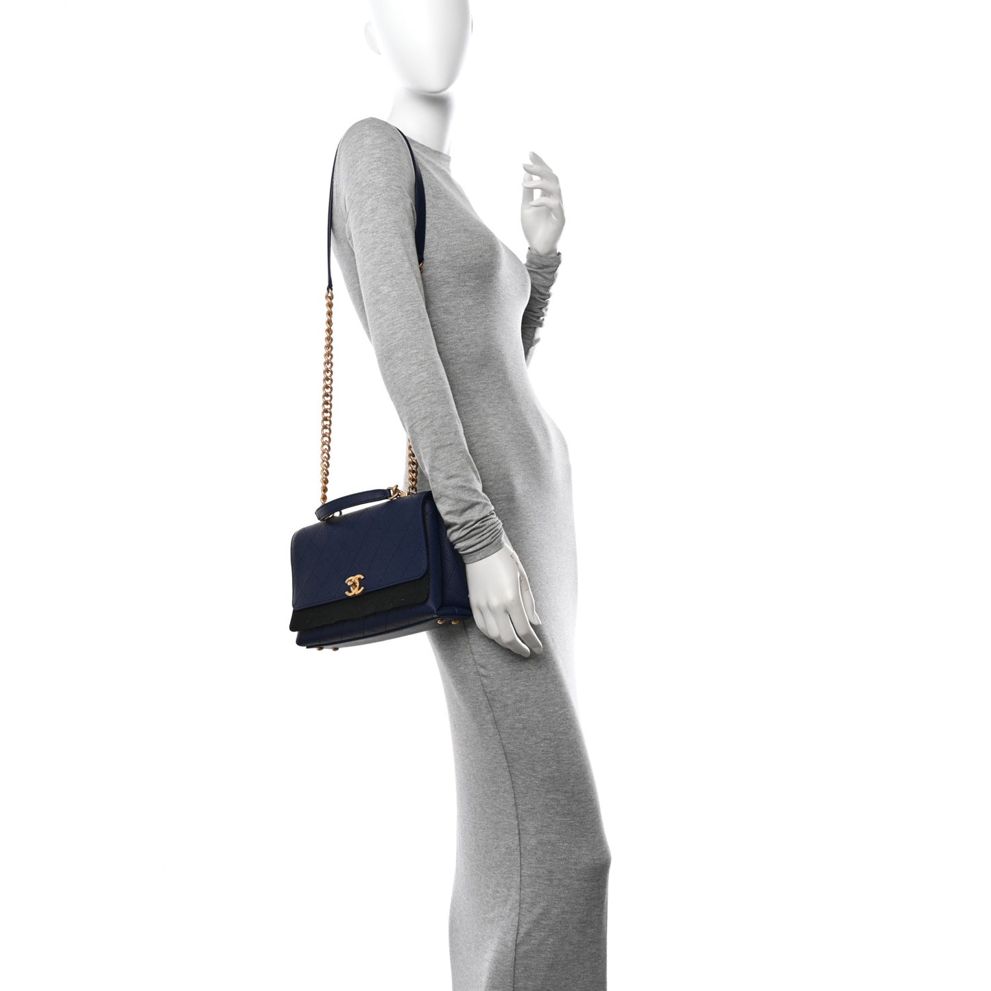 Grained Calfskin Small Stitched Flap Navy Blue