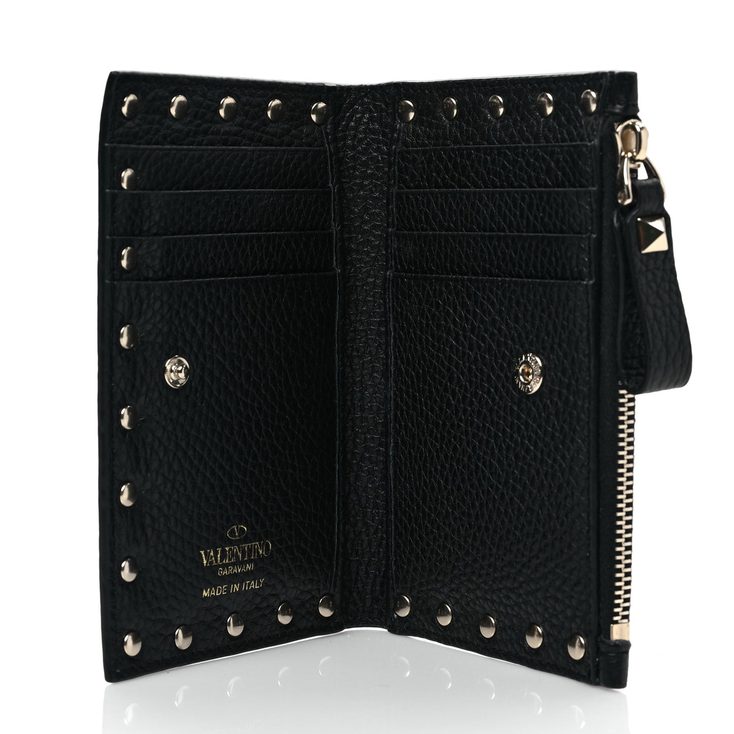 Calfskin Rockstud Compact Bi-Fold Wallet Black