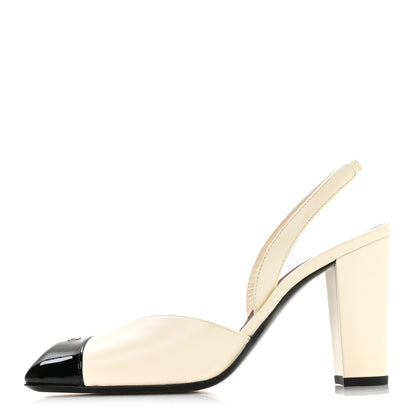 Chanel Lambskin Patent Calfskin Cap Toe CC Slingback Pumps 38.5 Ivory Black 1 of 9
