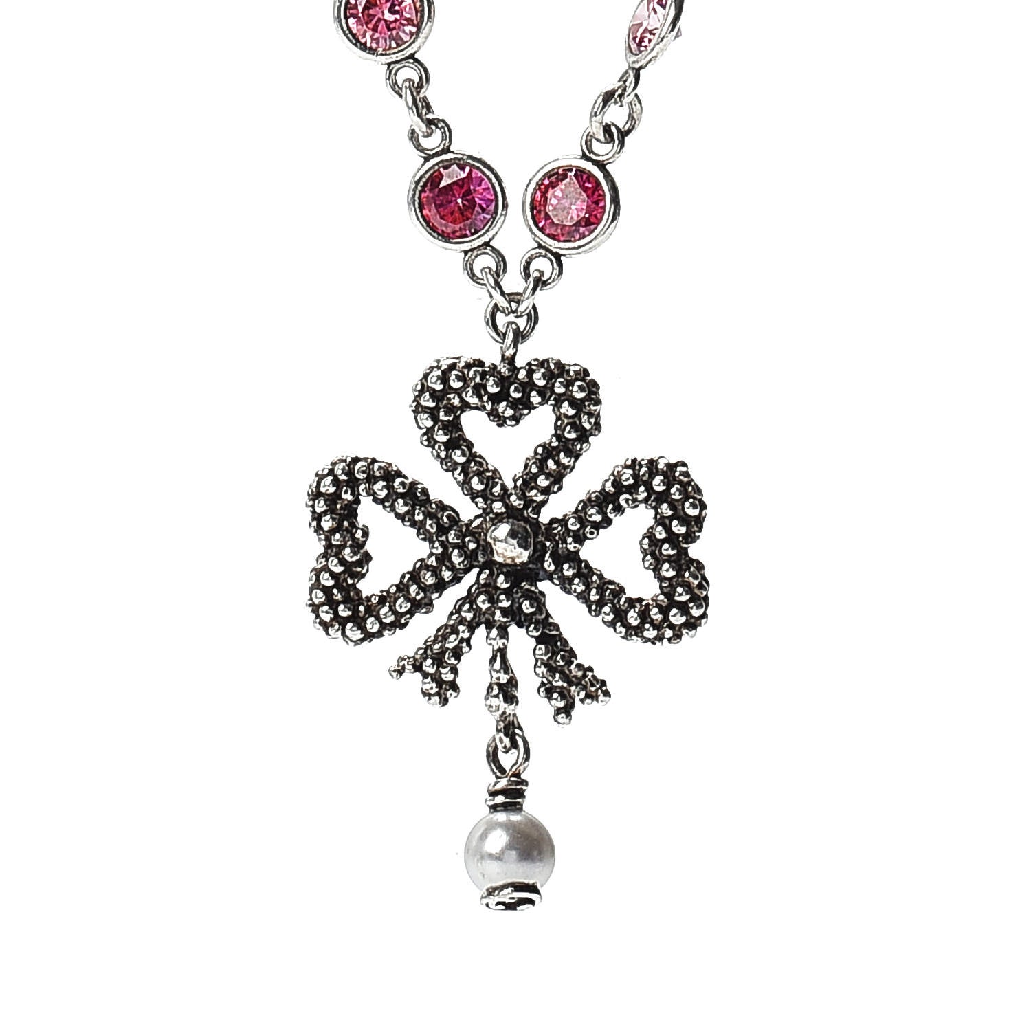 Gucci Sterling Silver Crystal Pearl Heart Ribbon Pendant Necklace 4 of 5