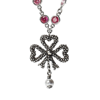 Gucci Sterling Silver Crystal Pearl Heart Ribbon Pendant Necklace 4 of 5
