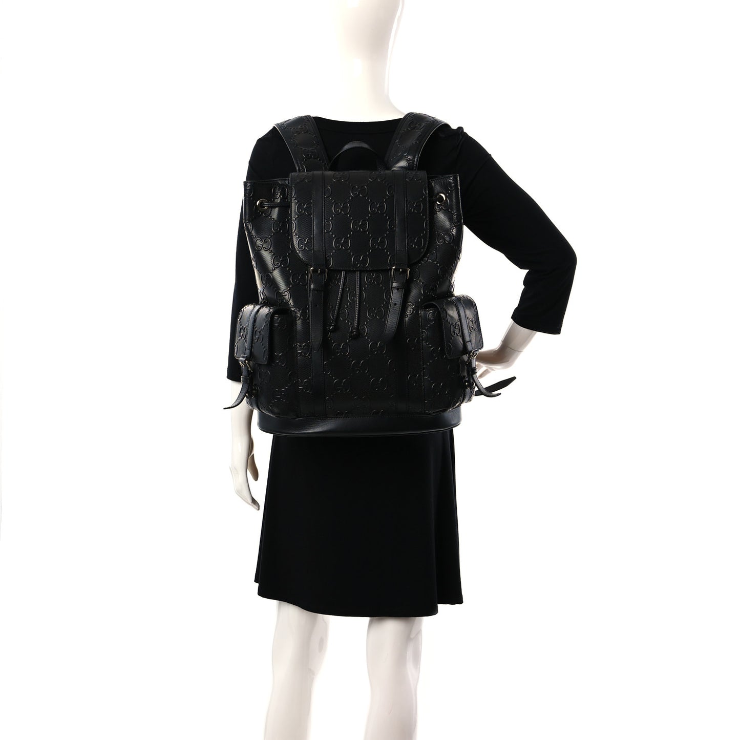 Calfskin GG Tennis Embossed Double Buckle Backpack Black