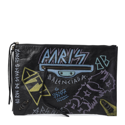 Balenciaga Agneau Classic Hardware Graffiti Small Pouch Black Multicolor 1 of 8