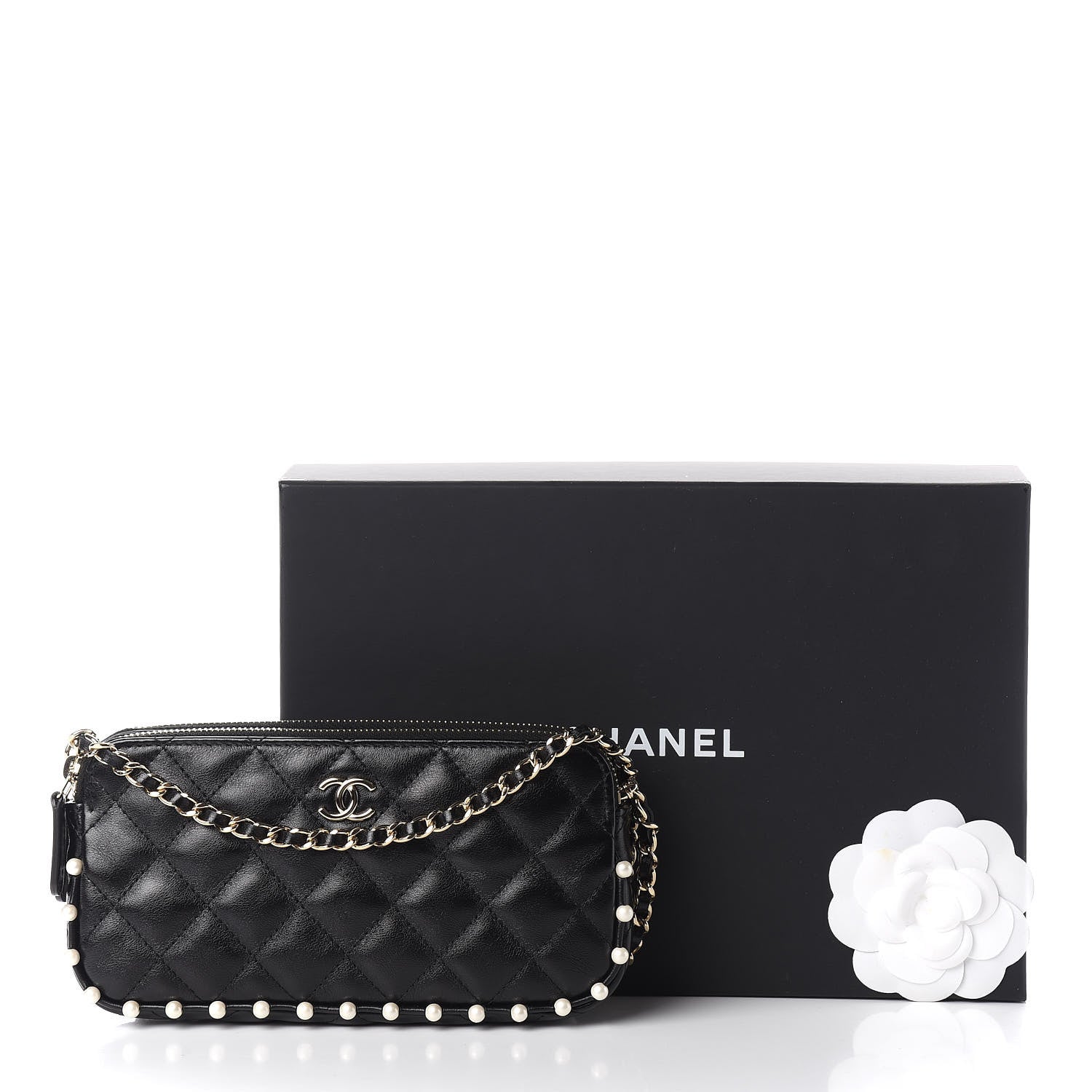 Chanel Calfskin Quilted Pearl Small Clutch With Chain Black 13 of 13