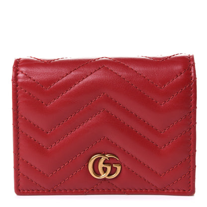 Gucci Calfskin Matelasse GG Marmont Card Case Wallet Hibiscus Red 1 of 8