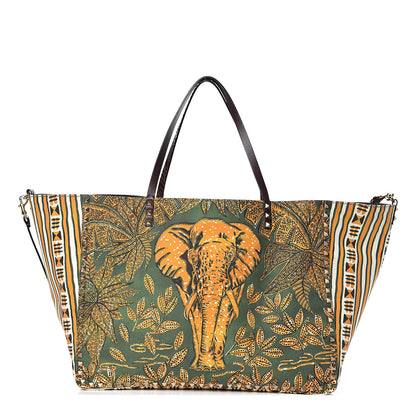 Valentino Garavani Calfskin Canvas Elephant Embossed Medium Rockstud Reversible Tote Brown 4 of 18
