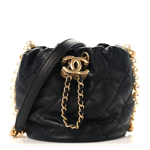 Calfskin Quilted Pearl Mini About Pearls Drawstring Bucket Bag Black