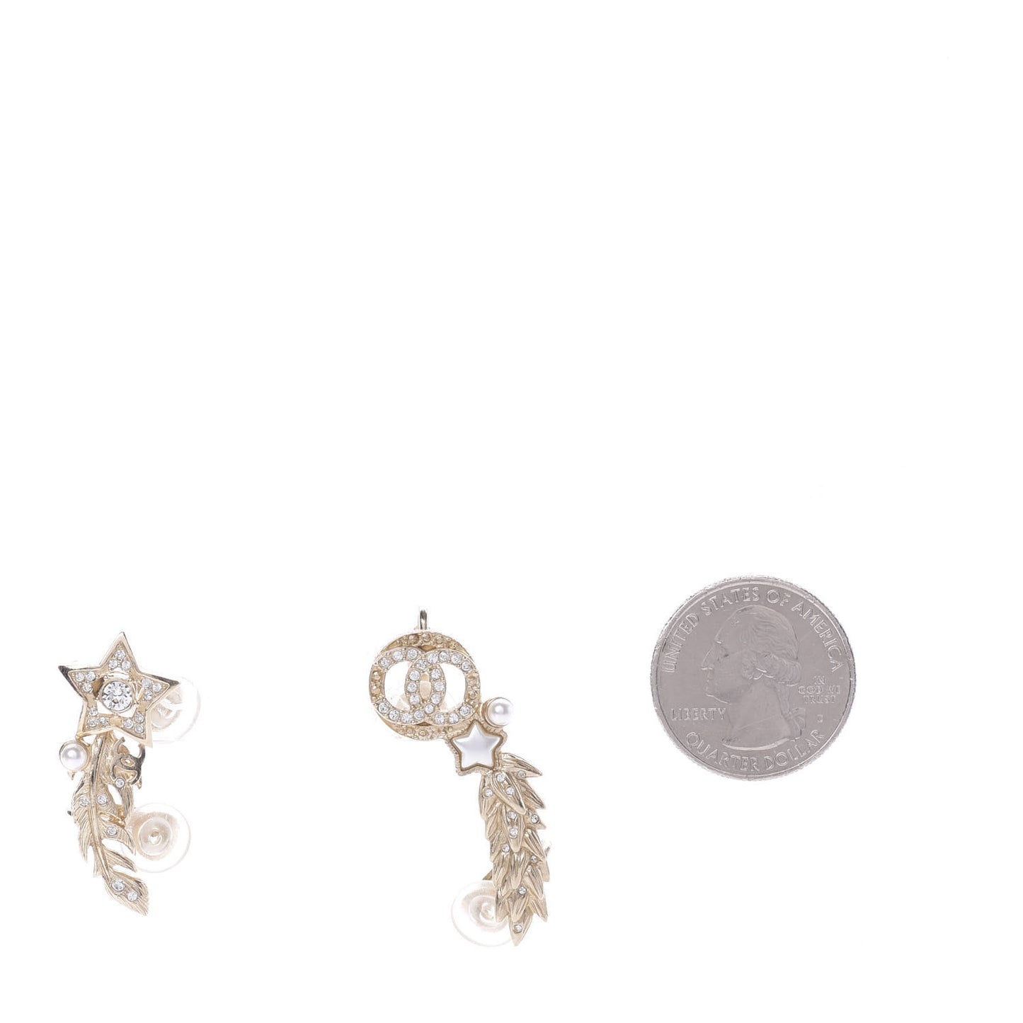 Resin Crystal Pearl Feather Star CC Clip On Earrings Gold