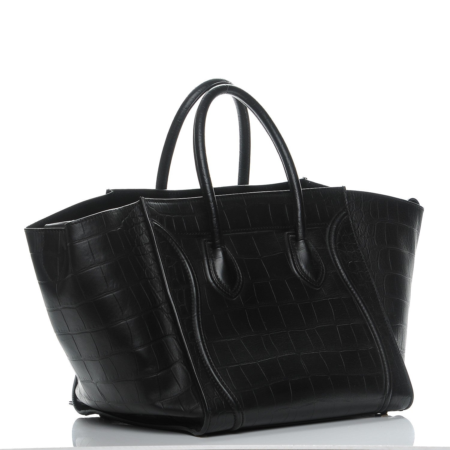 Celine Crocodile Embossed Calfskin Medium Phantom Luggage Black 3 of 7