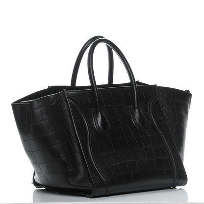 Celine Crocodile Embossed Calfskin Medium Phantom Luggage Black 3 of 7