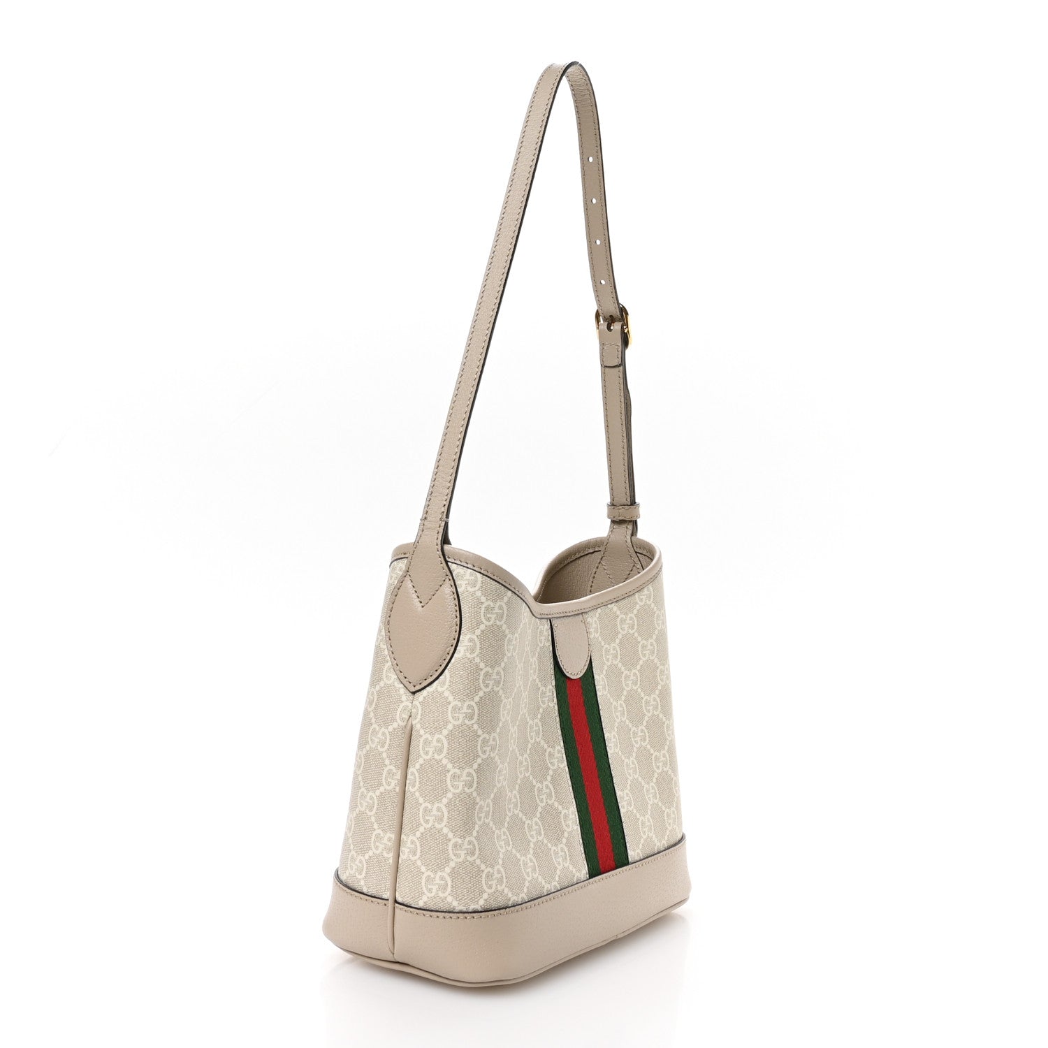 Gucci GG Supreme Monogram Textured Dollar Calfskin Web Small Ophidia Bucket Shoulder Bag Beige Mystic White Oatmeal 3 of 11