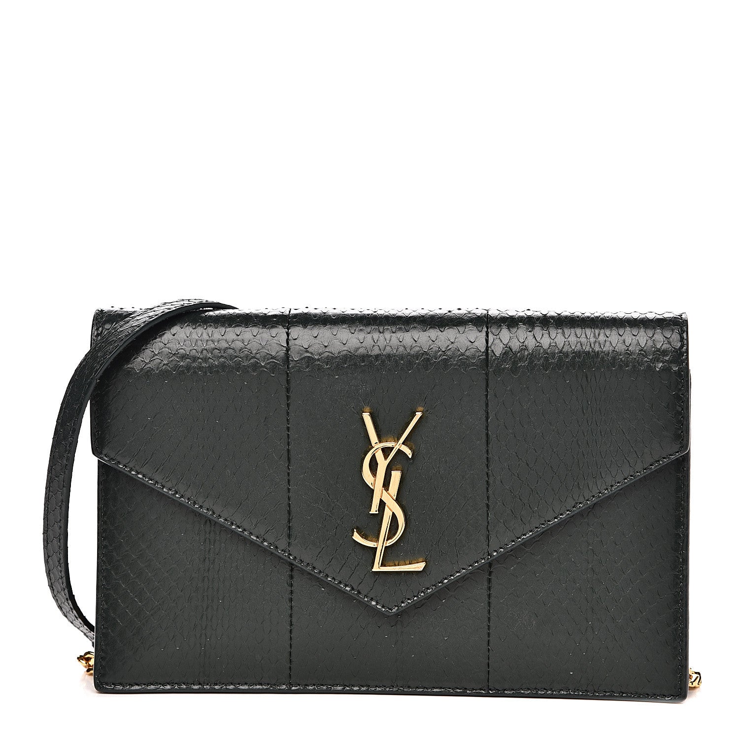 Saint Laurent Snakeskin Monogram Envelope Chain Wallet Dark Green 1 of 13