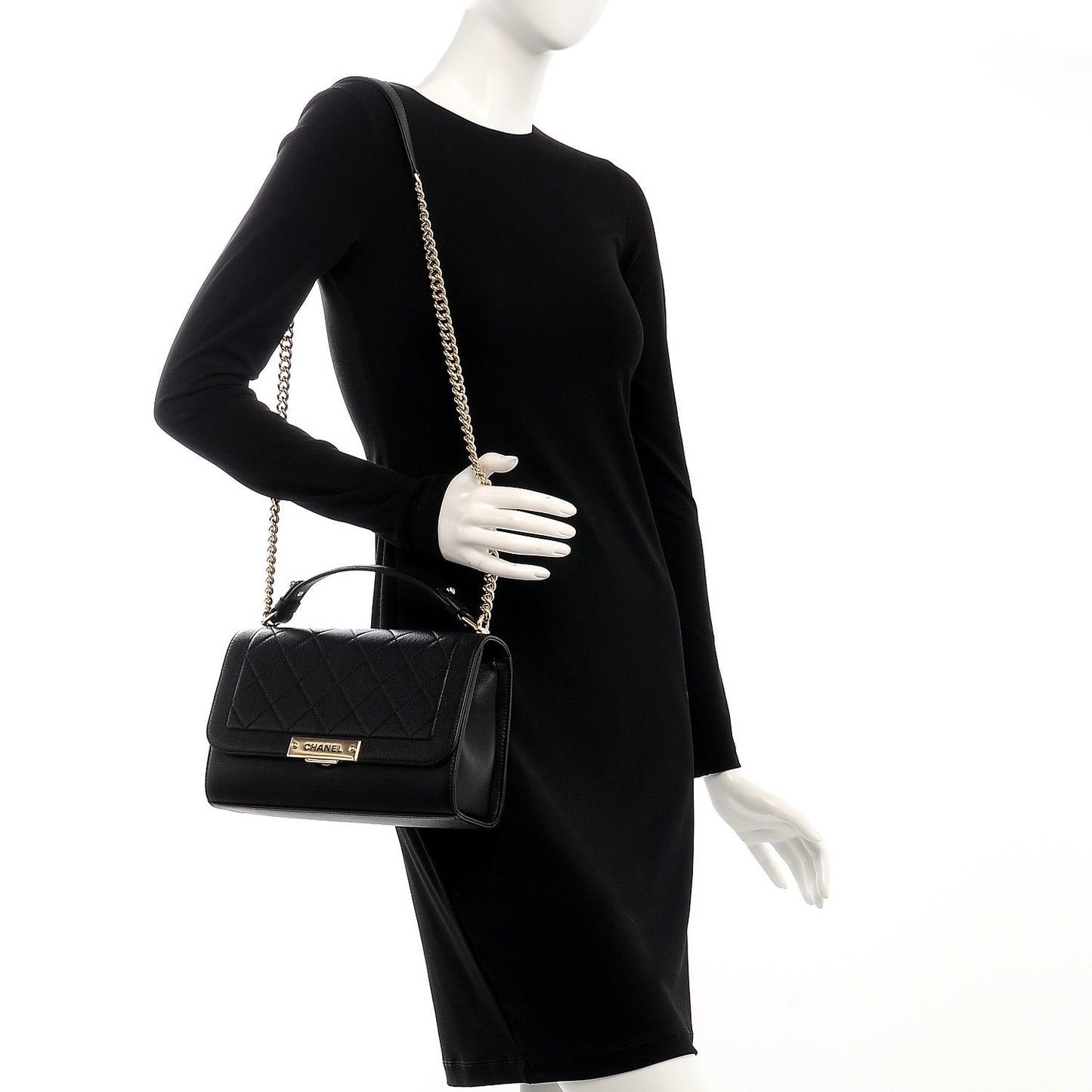 Grained Calfskin Quilted Medium Label Click Flap Bag Black