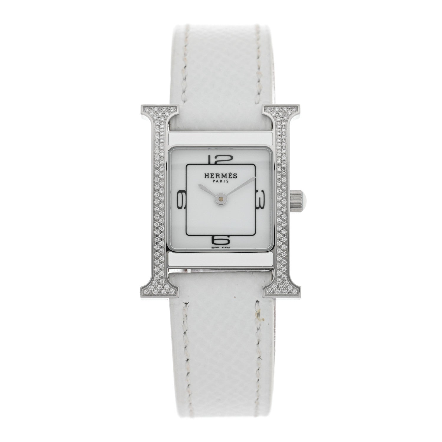 Hermes Stainless Steel Epsom Diamond Lacquer 21mm Heure H Hour Double Jeu Quartz Watch Blanc 1 of 5