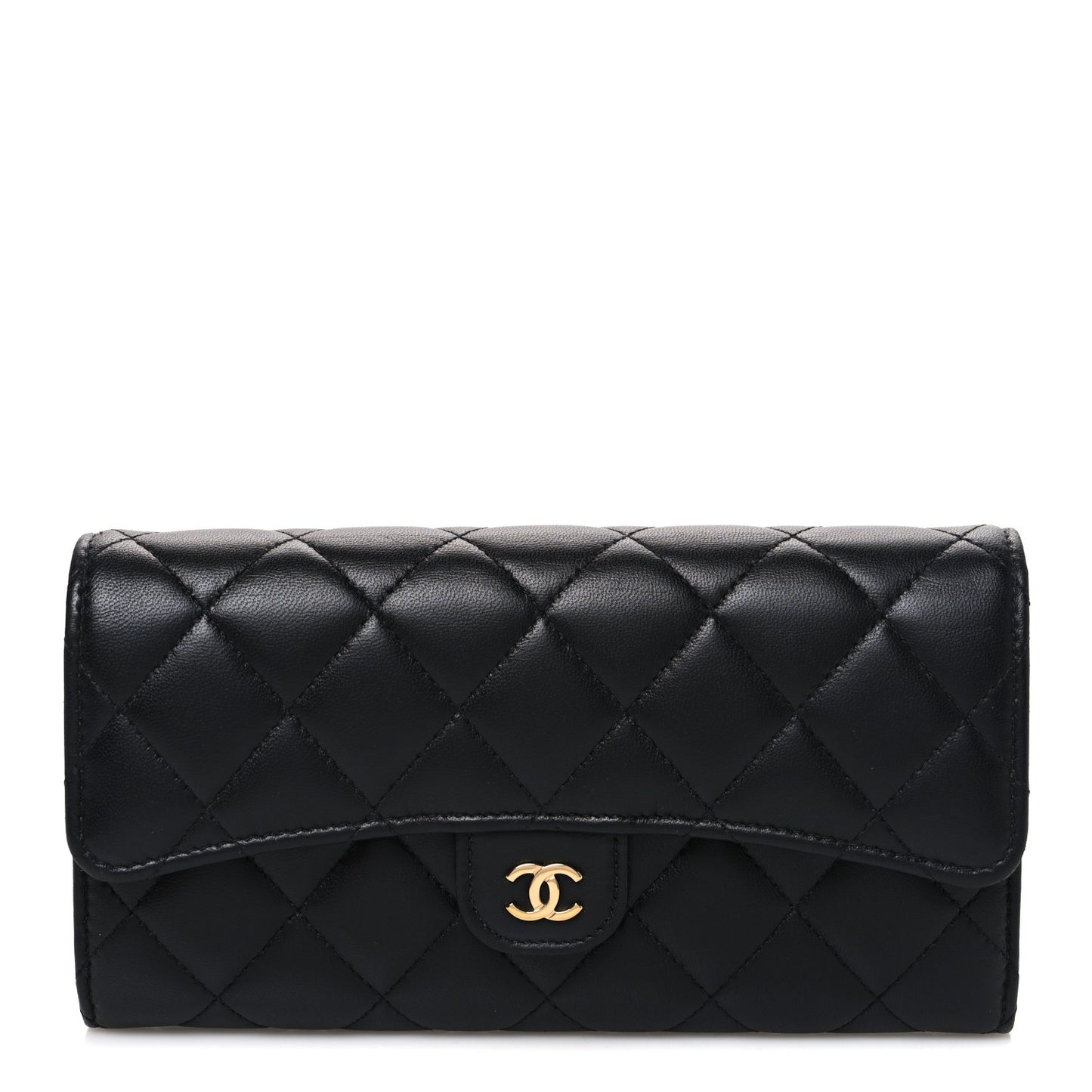 Lambskin Quilted Large Gusset Flap Wallet Black