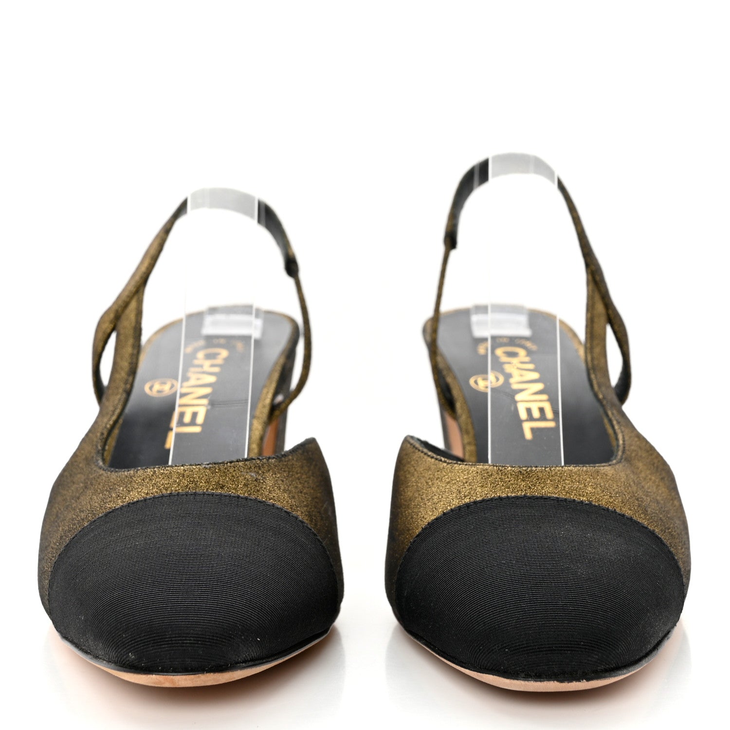 Chanel Metallic Lambskin Grosgrain Cap Toe CC Slingback Pumps 37 Gold Black 2 of 10