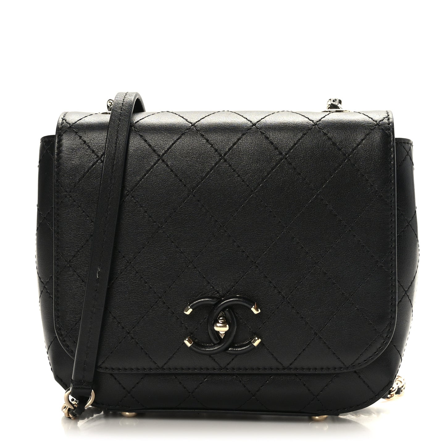 Calfskin Stitched Small Covered CC Flap Bag Black