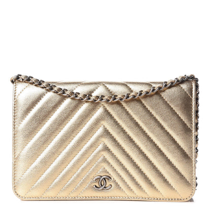 Chanel Metallic Lambskin Chevron Quilted Wallet On Chain WOC Gold 1 of 14