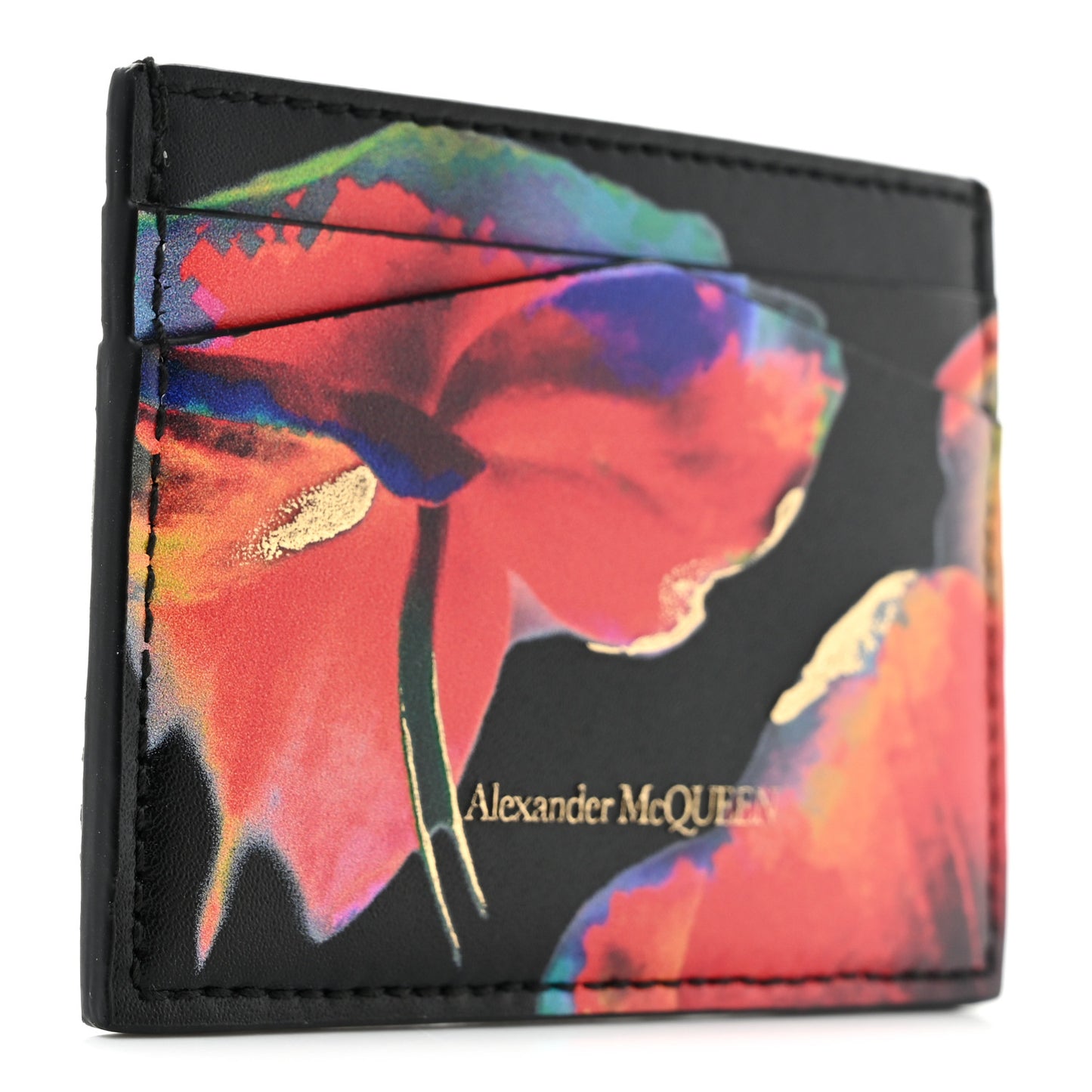 Calfskin Flower Printed Skull Card Holder Black Multicolor