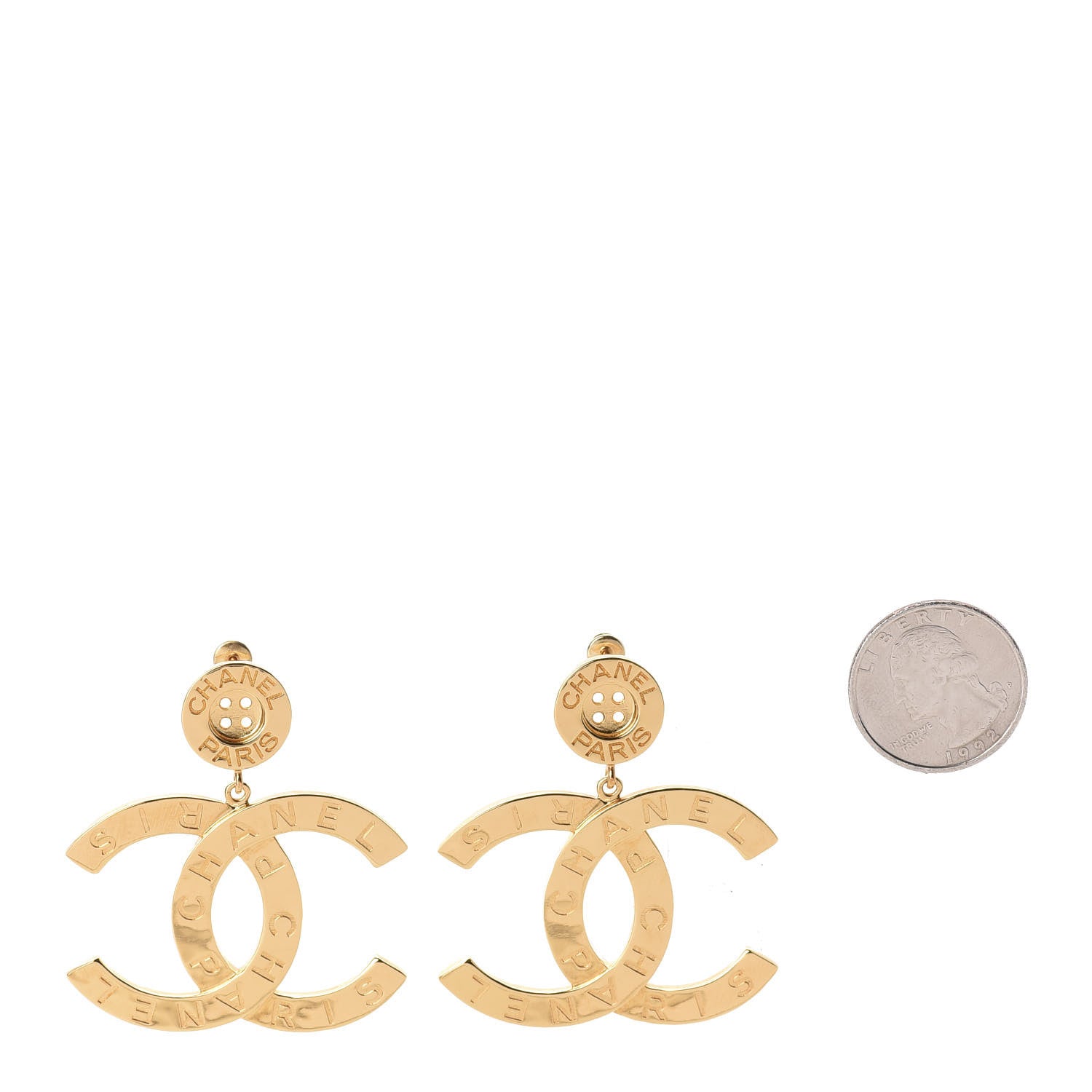 Chanel Metal Large Paris Button Earrings Gold 2 of 4