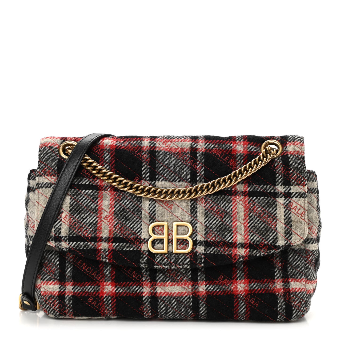 Wool Plaid Diagonal Allover Logo Matelasse M BB Round Shoulder Bag Black White Red