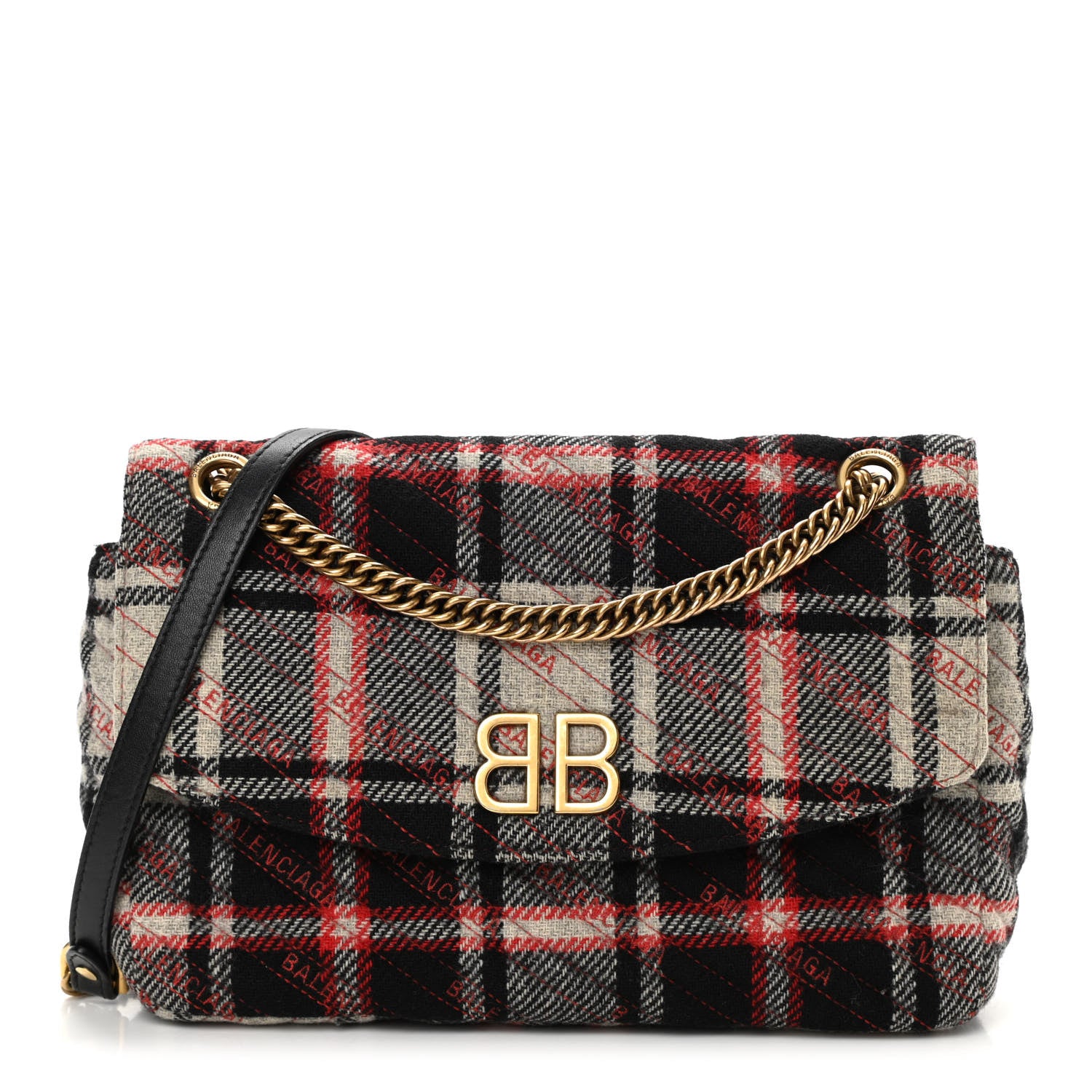 Balenciaga Wool Plaid Diagonal Allover Logo Matelasse M BB Round Shoulder Bag Black White Red 1 of 13